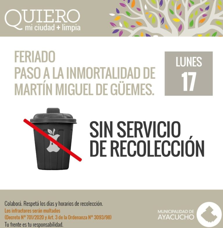 Lunes 𝟏𝟕/𝟎𝟔 sin servicio de recolección