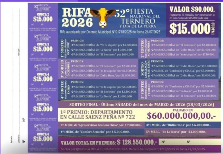 Ultimos números: Se sortea el sábado el  departamento de la Fiesta del Ternero
